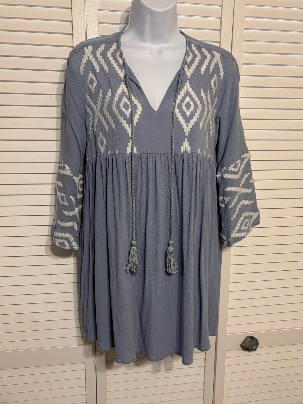 Embroidered Slate Blue V-Neck Tunic with Tassel Ties